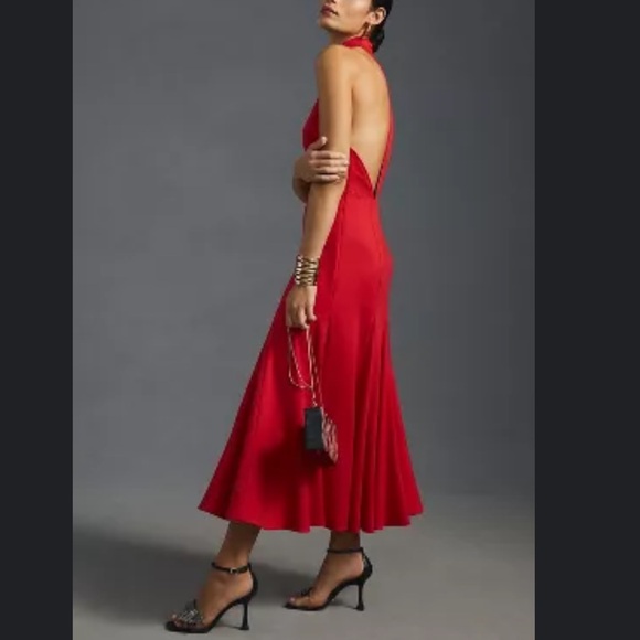 NWOT Anthropologie Red Halter Flounce MIDI Dress With Side Zip - Picture 10 of 11